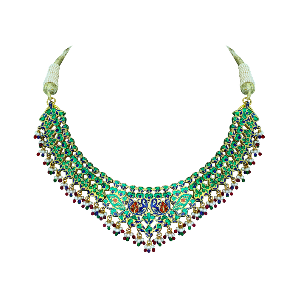 Polki Necklace with Peacock Enamel and Multicolour Beads